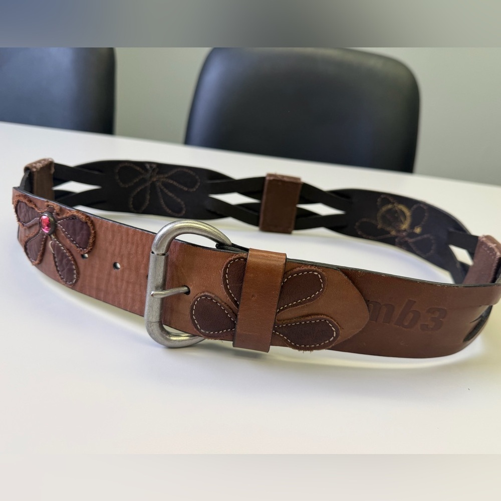 MB3 Vintage Boho Leather Belt with Pink Rhinestone Flowers - Size M